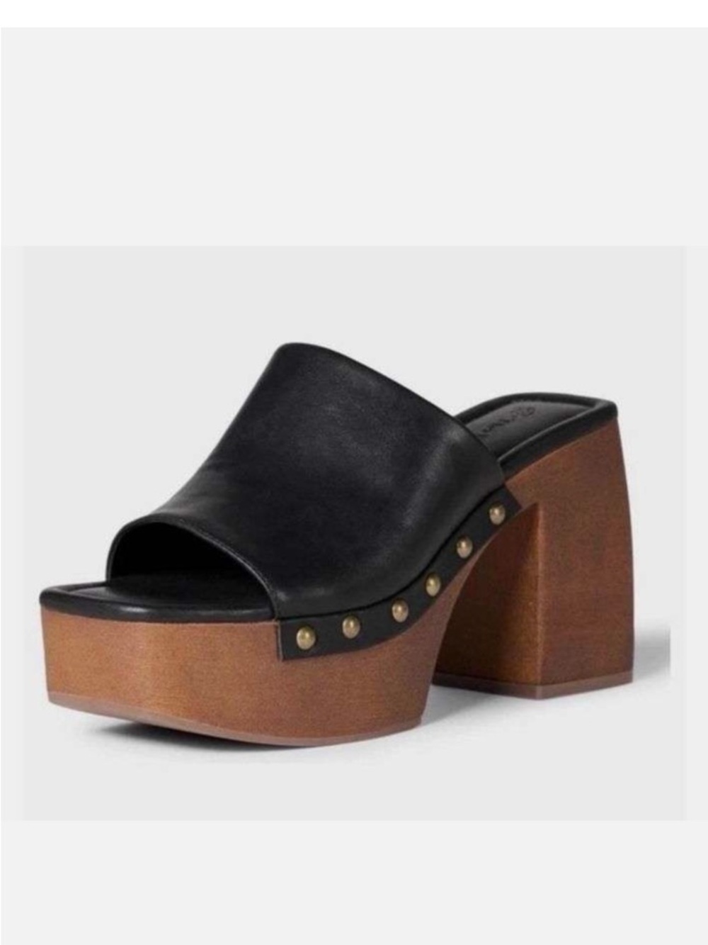 The drop Classic Black Leather Open-Toe Mule with Wood Block Heel size 10 new